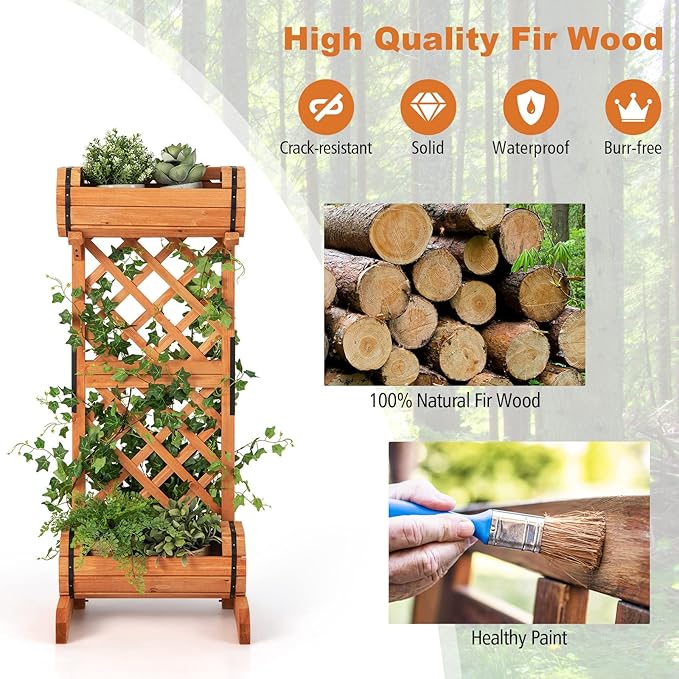 S AFSTAR Raised Garden Bed with Trellis, Outdoor Wood Garden Planter W/ 2-Tier Round Planter Box & Trellis for Vine Climbing Plants Growing, Vertical Plant Container for Garden Patio Balcony, Orange