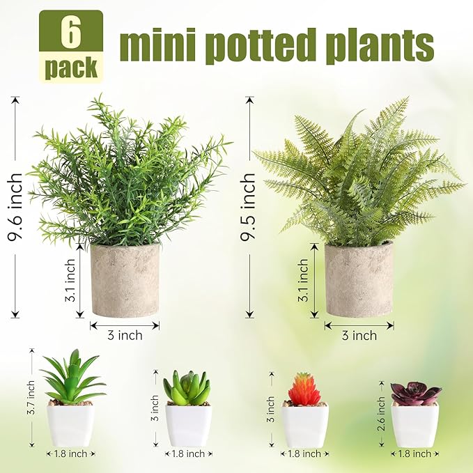 Veryhome 6Pcs Small Fake Plants - Mini Succulents Plants Artificial Greenery Potted Plant Indoor, Faux Rosemary Fern in Pots for Home Room Office Desk Table Shelf Bathroom Modern Farmhouse Decor