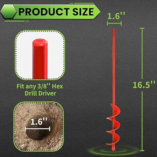 Red Garden Auger Drill Bit for Planting, 1.6"x16.5" Post Hole Digger & Bulb Planter Tool, Fits 3/8" Hex Drive Drill, for Seeds, Flowers, Tree Roots, Fence Posts and so on