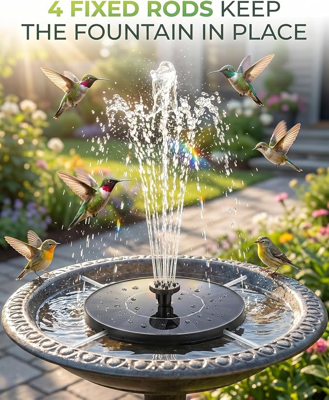 Solar Fountain for Bird Bath, 2026 Upgrade Solar Bird Bath Water Fountain with 7 Nozzle, 4 Fixed Pipe, Outdoor Standing Floating 1.4W Solar Powered Water Fountain for Garden, Pond, Pool, Tank (6.3 in)