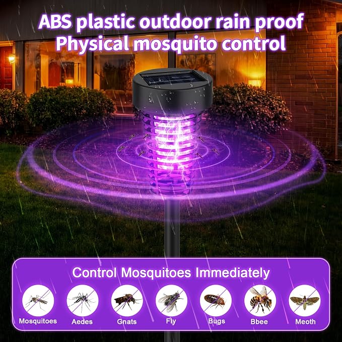Qualirey 4 Pack Solar Bug Zapper Outdoor Waterproof Mosquito Repellent Killer Bug Zapper Lamp with LED Light for Outdoor Garden Patio Yard (Purple and Warm Light,Black)