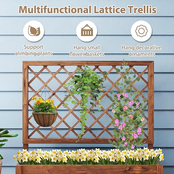 Giantex Raised Garden Bed Set 2 w/Trellis, Drainage Hole, 39”x14”x40” Wood Elevated Planter Box for Climbing Vine Flower Herb Vegetable Fruit, Planting Container for Indoor Outdoor Patio Balcony