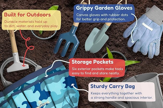 Kinderific Gardening Set, Tool Kit, for Kids, STEM, Includes Tote Bag, Spade, Watering Can, Rake, Fork, Trowel and Gloves (Camo Quest)