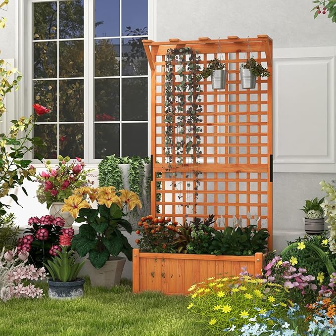 Giantex 2 Pcs Raised Garden Bed with Trellis & Roof, 72.5" Wooden Garden Bed, High Trellis for Plant Flower Climbing Pot Hanging, Indoor & Outdoor Planter Box for Yard, Garden, Balcony