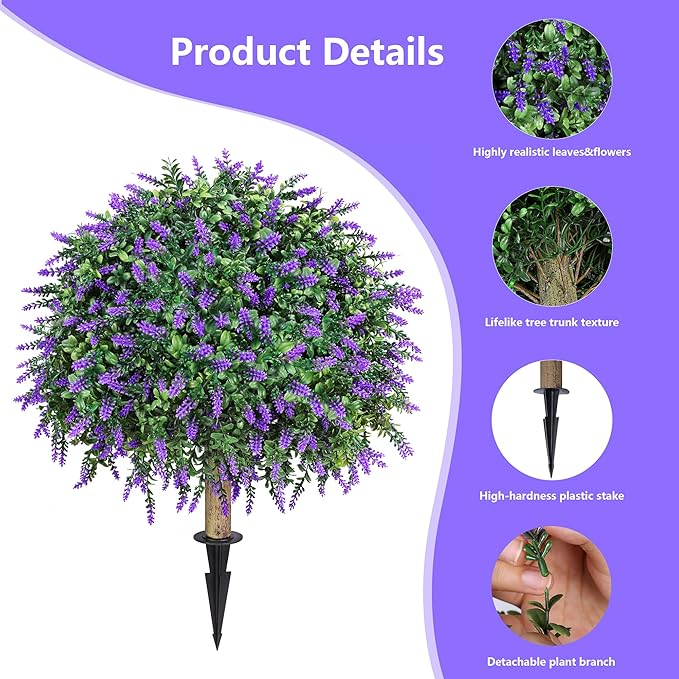 HyeFlora 2 Pack Artificial Topiary Boxwood Ball Trees with Lavender Fake Plants for Outdoor Indoor Artificial Shrubs with Ground Spike UV Resistant Fake Bushes for Front Porch Garden (Purple Lavender)