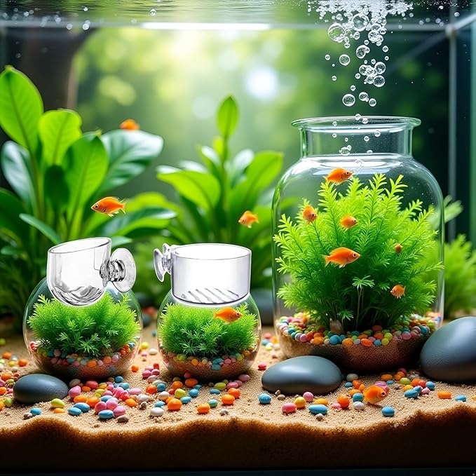 4 Pcs Aquarium Plant Pot Planter, Glass Fish Tank Plants Holder, Aquarium Decoration Plant Cup with Suction Cups for Fishes Tank Ornament Aquarium Décor Plastic Plants Fish and Aquatic Pets