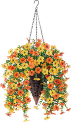 HyeFlora Artificial Flowers for Outdoors Decoration, 2Pcs Fake Hanging Spring Decor, Yellow and Orange Realistic Plants, UV & Fading Resistant Silk Flower for Porch Patio Balcony Planter Yard