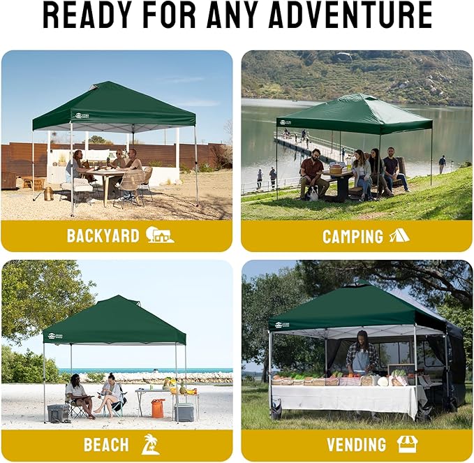 CROWN SHADES 10x10 Pop Up Canopy - Beach Tent with One Push Setup - Easy Outdoor Sun Shade for Events, Parties, Camping - Gazebo with STO-N-Go Cover Bag, Silver Coated Top, Forest Green