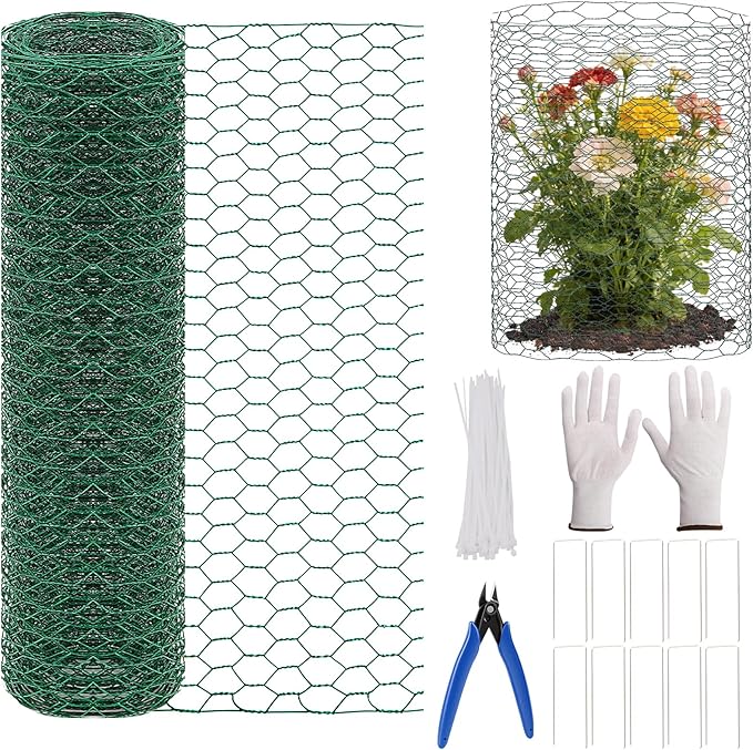 15.7 x 197in Plant Protectors from Animals – PVC Coated Green Chicken Wire Mesh Garden Barrier with 0.9mm Fine Mesh – Complete Cut-to-Size Cage Kit Includes Pliers, Gloves, Ties & U-Stakes