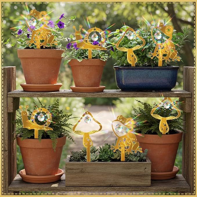 Novabright 6pcs Plant Trellis Indoor with Crystal Sun Catcher Potted Plants Decorations Sun Catcher Cute Mushroom Snail Frog Acrylic Stake for Indoor Home Garden Hanging Art Crafts Decoration