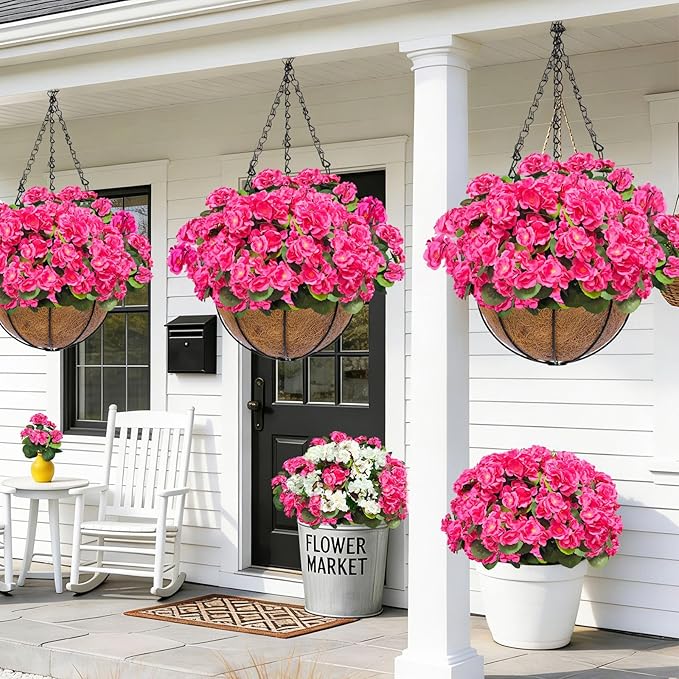 8 Bundles Artificial Geraniums Flowers for Outdoors Summer Decoration, Fake Flowers Silk Pink Flower UV Resistant No Fade Look Real Faux Plants for Porch Gardens Planter Patio Indoor Cemetery Decor