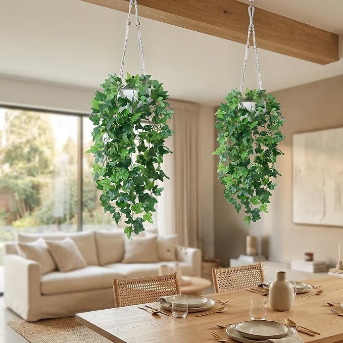 DREAMLOOM Fake Hanging Plants with Pot, Artificial Ivy Hanging Plants with Macrame Hanger for Indoor Decor, Fake Hanging Vines Faux Greenery for Home Kitchen Office