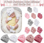 Ramede 5 Pack Preemie Newborn Hats Mittens Socks Set Cotton Bow Knot Caps Non-Scratch Gloves Ruffle Lace Socks for Girls Boys