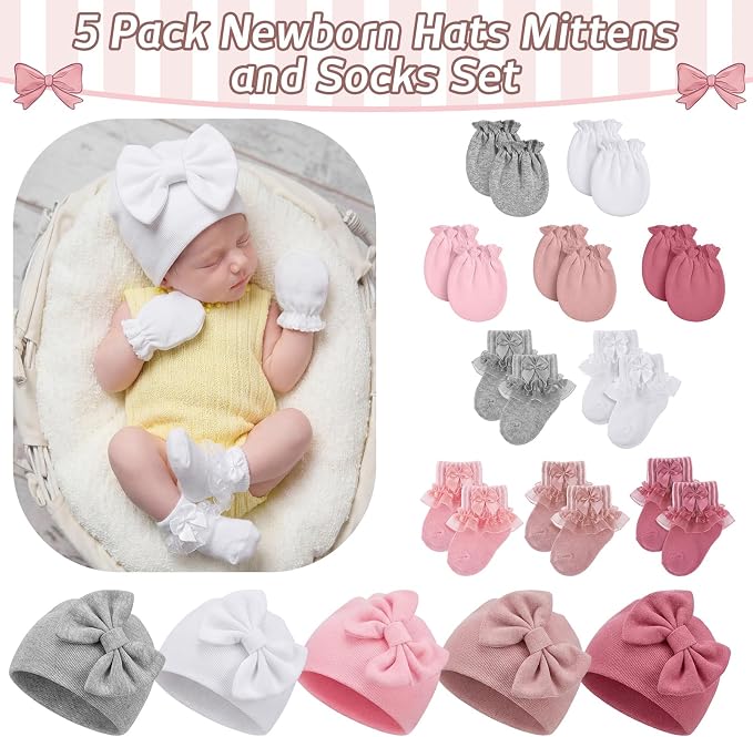Ramede 5 Pack Preemie Newborn Hats Mittens Socks Set Cotton Bow Knot Caps Non-Scratch Gloves Ruffle Lace Socks for Girls Boys
