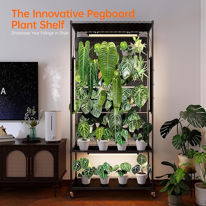Bstrip Plant Cabinet with Pegboard, 3 Tier Plant Shelf with Grow Light, Metal Plant Stand with 4 Pack 96W Grow Lights for Indoor Plant, Foliage Plants, Seed Starting, 35.4"x13.8"x71"