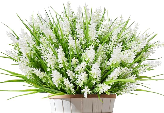 Kinisty 12 Bundles Outdoor Artificial Plants and Flowers, UV Resistant Faux Monkey Grass with Lavender and Fake Plastic Greenery for Spring Summer Outside Planter Porch Garden Decor, White