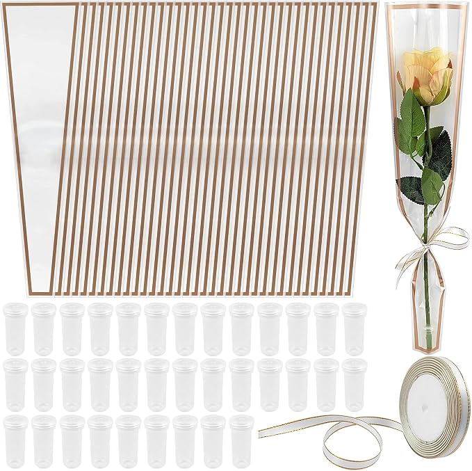 Flower Packaging Kit, 100 Flower Wrapping Bag Single Rose Sleeve 100 Floral Water Tubes 72ft Ribbon Single Flower Packaging Bags for Wedding Mother's Day Florist Birthday Flower Wrapping (White)