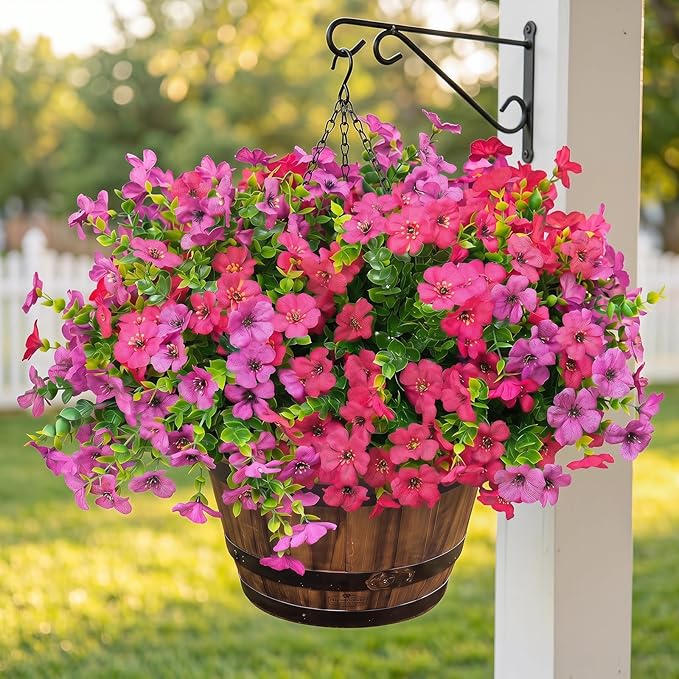 Artificial Flowers for Outdoor Fake Plants for Spring Decoration,Faux Eucalyptus Flowers for Planter UV Resistant Lifelike for Home Porch Garden (Red/Light Purple)