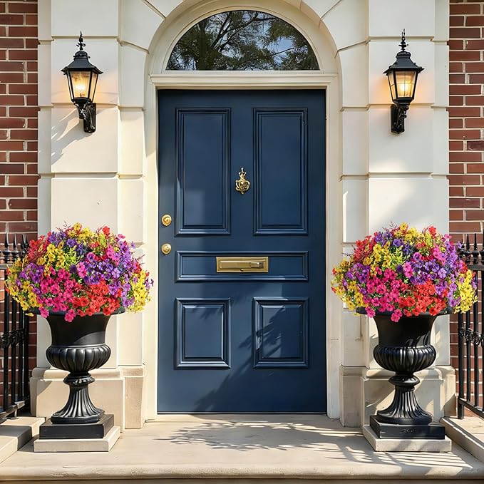 SHareconn 48 Bundles Artificial Flowers for Outdoors Decoration, Faux Plants Fake Silk Colorful Daisy Eucalyptus Lavender, UV Resistant for Outside Home Porch Indoor Spring Decor, 6 Colors incl. Red