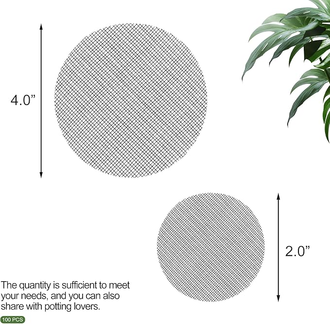 Quacc 100 PCS Flower Pot Hole Mesh Pad, 2/4 Inch Round Plant Pot Drainage Mat, Plant Potting Bonsai Bottom Grid Mat to Prevent Soil Loss (Black)