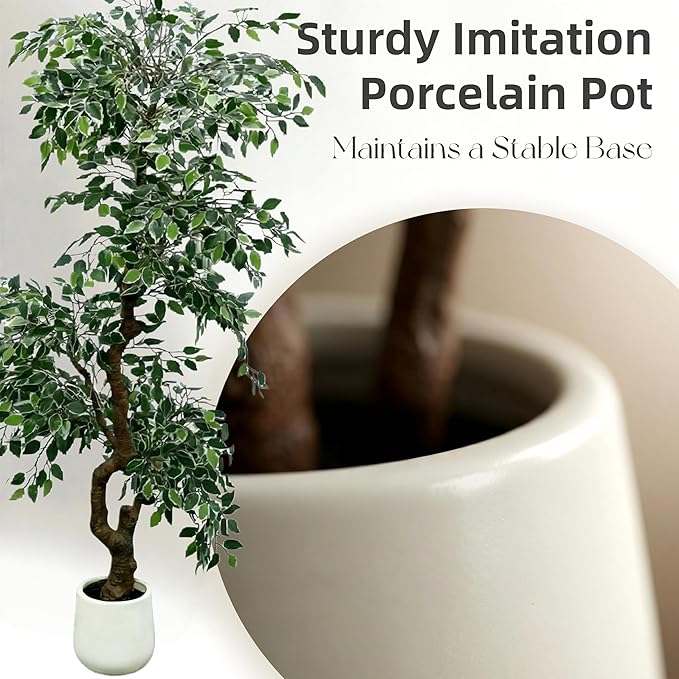 7FT Artificial Ficus Tree Indoor Outdoor, Fake Plants Indoor with White Pot, Realistic White-Edged Leaves Potted Tree for Home Office Decor