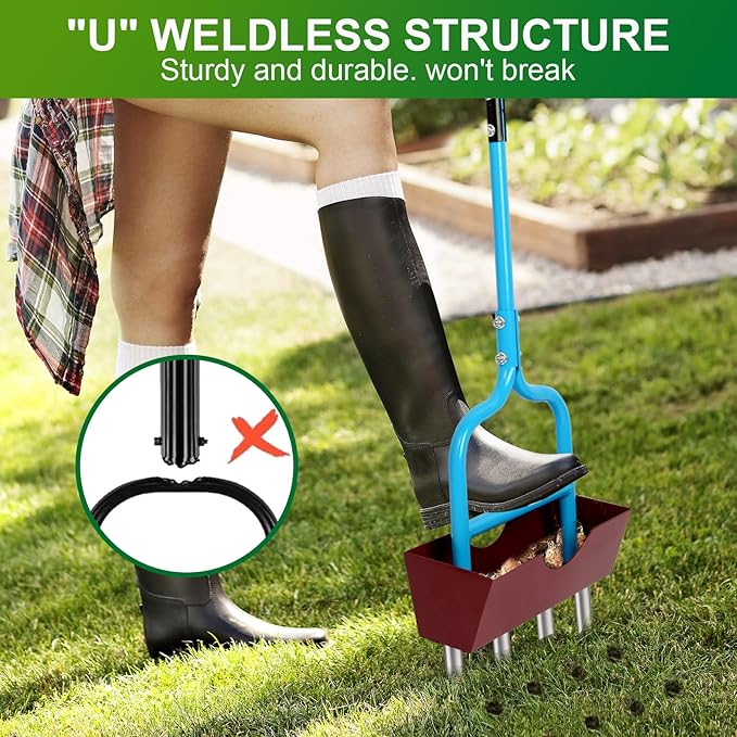 Aerator Lawn Tool with Larger Soil Core Storage Tray, 38” Height Core Aerator,Manual Aerator Lawn Tool,Lawn coring Aerator with 4 Stainless Tines,Grass Aerator for Lawn Care,Tool for Garden