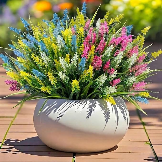 Geegoods Artificial Plants Flowers Outdoor – 24 Bundles UV Resistant Faux Lavender Flowers with Monkey Grass for Garden Porch Window Patio Hanging Planter Decor