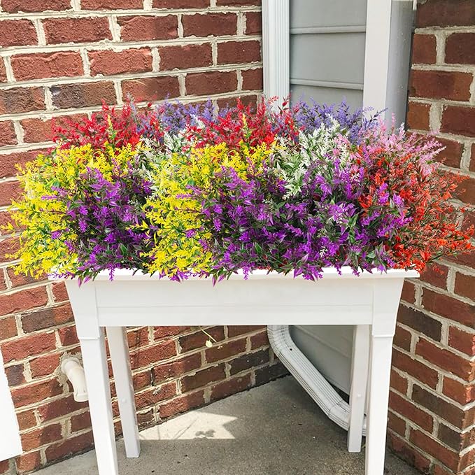 42 Bundles Artificial Plant Outdoor UV Resistant Faux Plants No Fade Fake Plastic Flowers for Outside Home Garden Porch Patio Window Box Hanging Planters Summer Decor