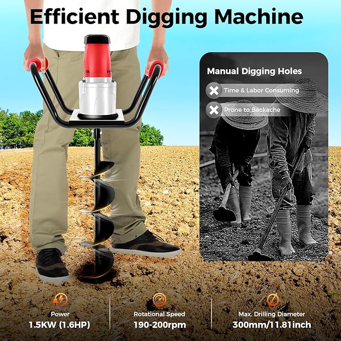 1500W Electric Post Hole Digger with 6-inch Auger Bit & Extension Rod, 1.6HP Pure Copper Motor Earth Auger Post Hole Digger for Fence Post Digging, Tree Planting, 190-200 RPM High Rotational Speed