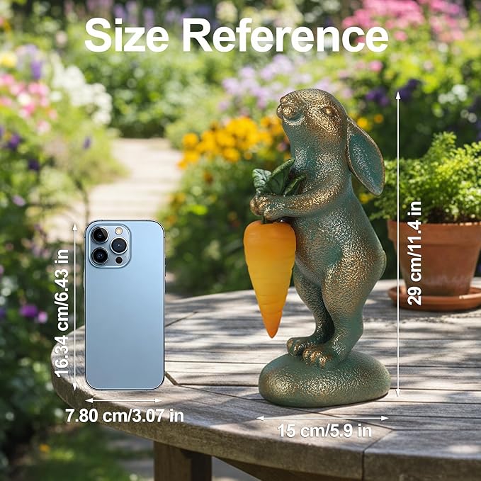 PETAFLOP Cute Garden Decor Bunny Statue with Solar Carrot, Outdoor Rabbit Figurines for Patio Balcony Lawn Porch Yard Decorations, Birthday Housewarming Gifts for Women Mom Grandma