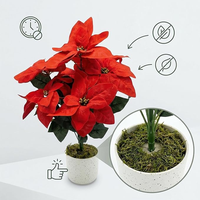 2 Pack Red Christmas Poinsettia Flowers in Pots, 18.9" Artificial Poinsettia Plants with Realistic Layered Petals, Speckled Pot and Moss Base for Holiday Indoor Decor, Table Centerpiece, Porch