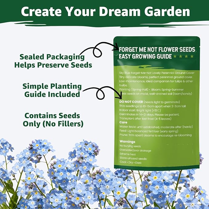 5600+ Forget Me Not Seeds for Planting, Easy to Grow Blue Forget-Me-Not Flowers, Perennial Wildflower Seeds for Ground Cover, Borders & Pollinator Gardens