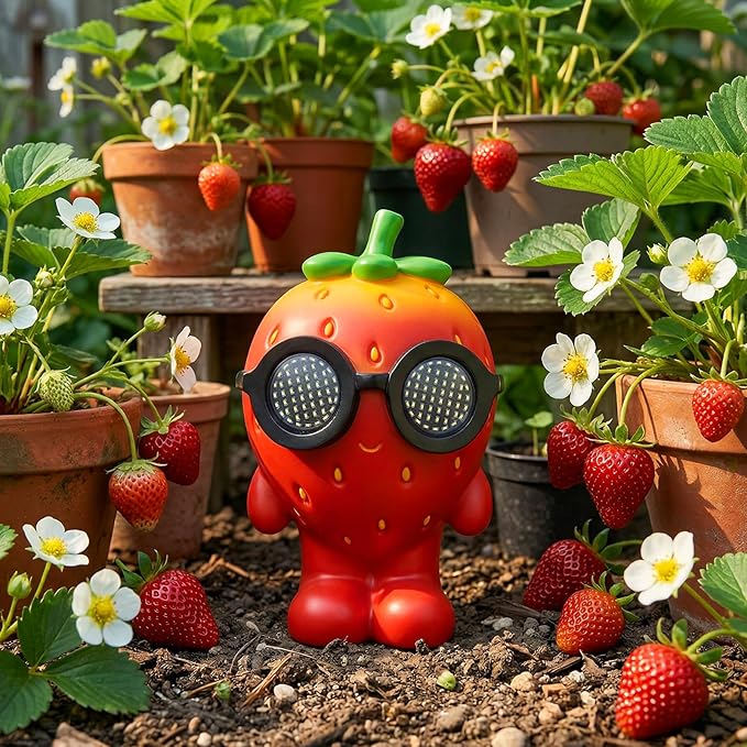 Solar Garden Statue,Cute Outdoor Statue with LED Light, Outdoor Decor for Patio,Balcony,Yard,Lawn Ornament,Birthday Gifts for Mom Grandma (Strawberry)