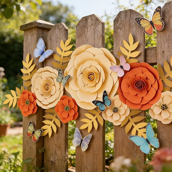 PAPER JAZZ Spring Artifical Paper Flowers Decorations for Wall, Orange Bulletin Board Decorations for Classroom, Flower Window Clings for Wedding Party,Tea,Baby Shower.