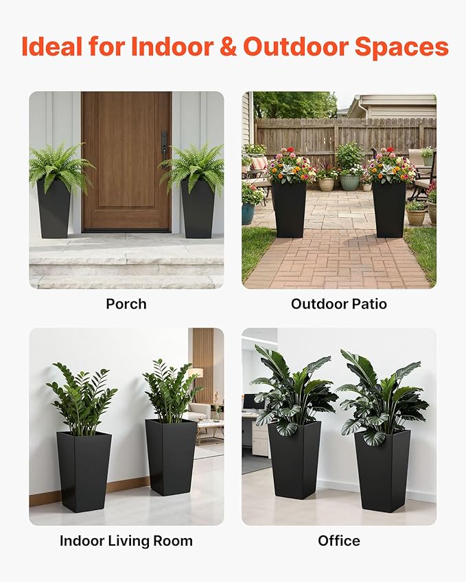VEVOR Set of 2 Tall Planters for Outdoor Plants 22 inch, Black Tall Planter for Indoor Plants, Modern Planters for Front Porch Patio Balcony, Plant Container Flower Pots