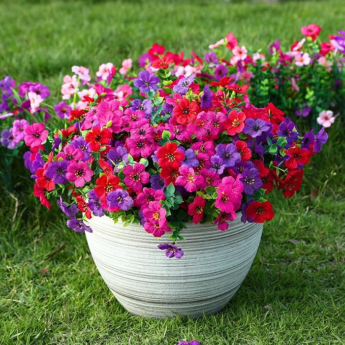Alupssuc 24 Bundles Artificial Flowers for Outdoors Decoration, UV Resistant Silk Faux Daisy Flora Spring Fake Plastic Plants Greenery for Outside Indoor Yard Home Porch Window Box Decor, Mix 3 Colors