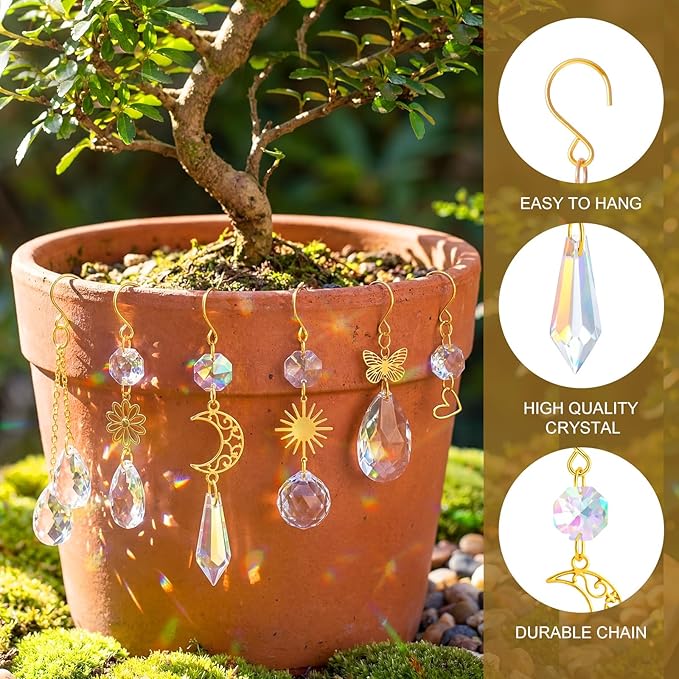 MTLEE 6 Pcs Crystal Suncatchers Plant Decorations Charms Hanging Prisms for Window Indoor Garden Plant Pot Holder Hanger Tree Vine Home Chandeliers Outdoors(Fresh)