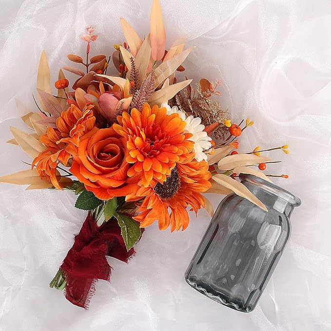 Faux Flowers with Vase, Artificial Silk Roses in Vase, Fake Plant Eucalyptus Flower Arrangement for Fall Decorations Indoor Home Office Farmhouse Table Centerpiece Coffee Table Decor (Orange)