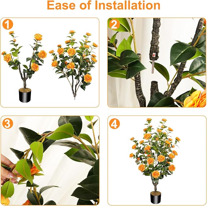 2 Pack 43.3"/3.6FT Artificial Tree with Camellia Flowers Fake Tree with 32 Blooming Flowers Orange Tree for Spring Home Front Door Outdoor Indoor Decor (Including Faux Moss)