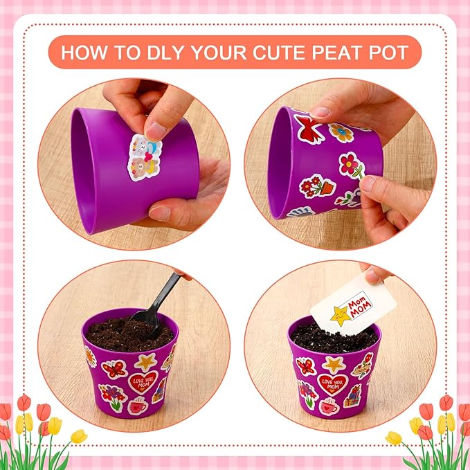 Domensi 30 Pack Garden Pot Craft Kit 4 Inch DIY Happy Mother's Day Crafts for Kids Bulk Small Plastic Flower Plant Pot Plastic Planter with Tray Drainage Holes with Tag, Certificate of Award, Sticker