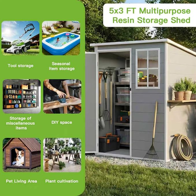 5x3 FT Outdoor Storage Shed with Floor & Window, All-Weather Resin Garden Tool Shed, Waterproof Plastic Garden Shed with Lockable Door, Vents & Roof Rainwater Drainage for Backyard, Garden, Poolside
