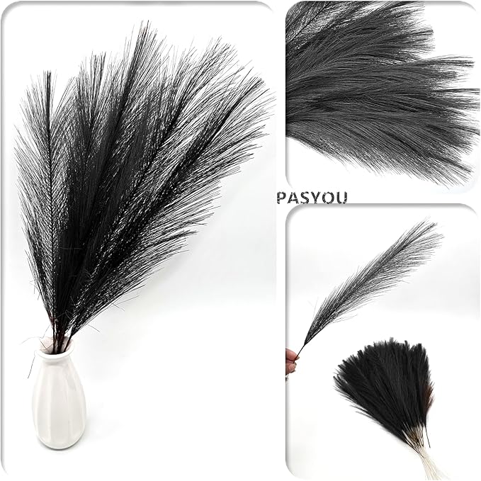 Artificial Pampas Grass Plants Fake Reeds Decoration Set of 28 Stems 17” Faux Florals Bulrush Fluffy Beige Branches for Boho Home Wedding Party Vase Fillers Christmas DIY Feathers Décor Black 28 Pcs