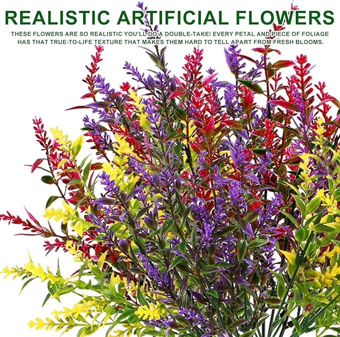 TURNMEON 20 Bundles Artificial Flowers for Outdoors Summer Decor, UV Resistant No Fade Fake Lavender Flowers Plastic Faux Plants for Window Box Garden Planter Porch Indoor Cemetery Decor(Mix Colors)