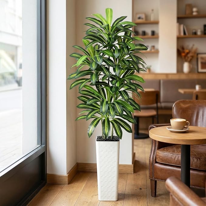 Artificial Dracaena Tree：7FT Faux Silk Tropical Yucca Floor Trees Realistic Fake Green Plant with Natural Wood Trunk & Lifelike Leaves for Home Office Decor Indoor & Outdoor (7FT,1-Pack,White)