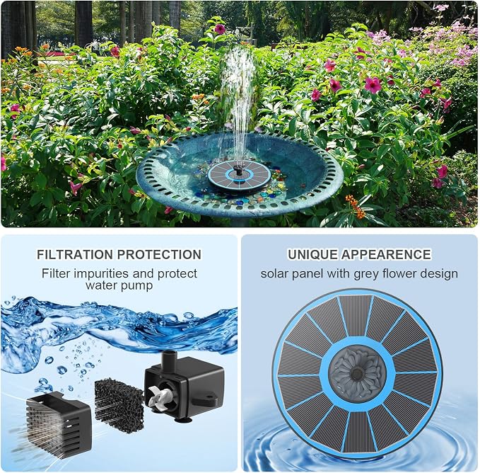 Yzert Solar Fountain for Bird Bath Direct Sunlight High Efficiency 3.5W Glass Panel Solar Water Fountain Outdoor Garden Flower (Blue)
