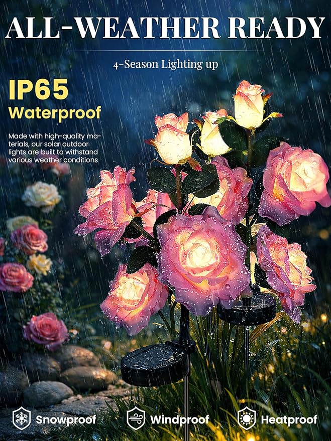 GIGALUMI Solar Lights Outdoor for Garden Decor, 3 Pack Solar Flower Lights Waterproof, 2 Lighting Modes 9 Roses for Pathway,Yard, Patio Decoration, Gardening Gifts for Women (Purple)