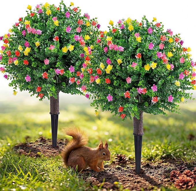 PATIO CHOICE Topiary Trees Artificial Outdoor Boxwood Ball Trees with Ground Spike Set of 2 22" Fake Outdoor Plants Faux Bushes and Shrubs Decorations for Outdoor Indoor Front Porch Garden
