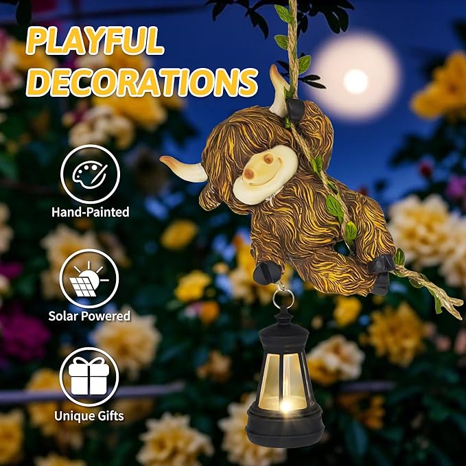 Hanging Highland Cow Decor: Garden Cow Statues with Solar Lantern Tree Decorations for Outdoor Yard Lawn Patio Porch Ideal Gardening Gifts for Mom Grandma Women