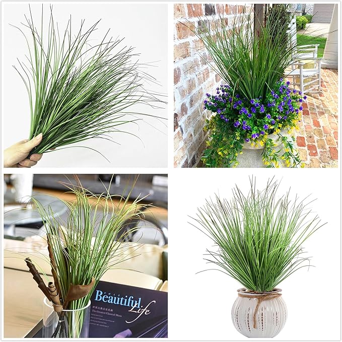 Fake Wheat Grass Plants Artificial Onion Greenery Faux Shrubs Plastic Plant Flowers Stems for Indoor Room Home Office Outdoor Decor Garden Porch Gardening Wedding Bundles DIY Decoration - 8 Pack