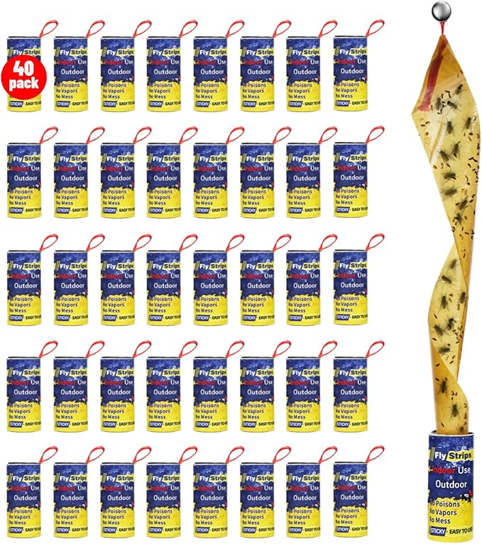 40 Pack Fly Traps Strips Indoor Outdoor, Flies Paper Sticky Hanging with Pins, Fruit Fly Tape Ribbon Roll for Home, Bug & Gnat Catchers for Inside, House Fly Killer for Winged Insect, Mosquito